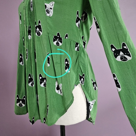 Maeve Anthropologie Green Dog Print Pintucked Button Down Peplum Blouse - Picture 7 of 15